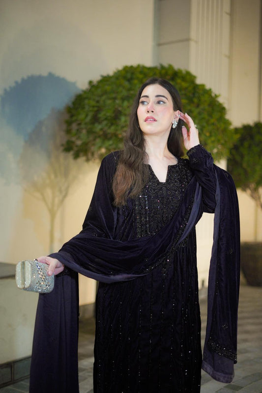 Aneelas Luxury Velvet Embroidered 3 Pc Unstitched Collection Deep Plump