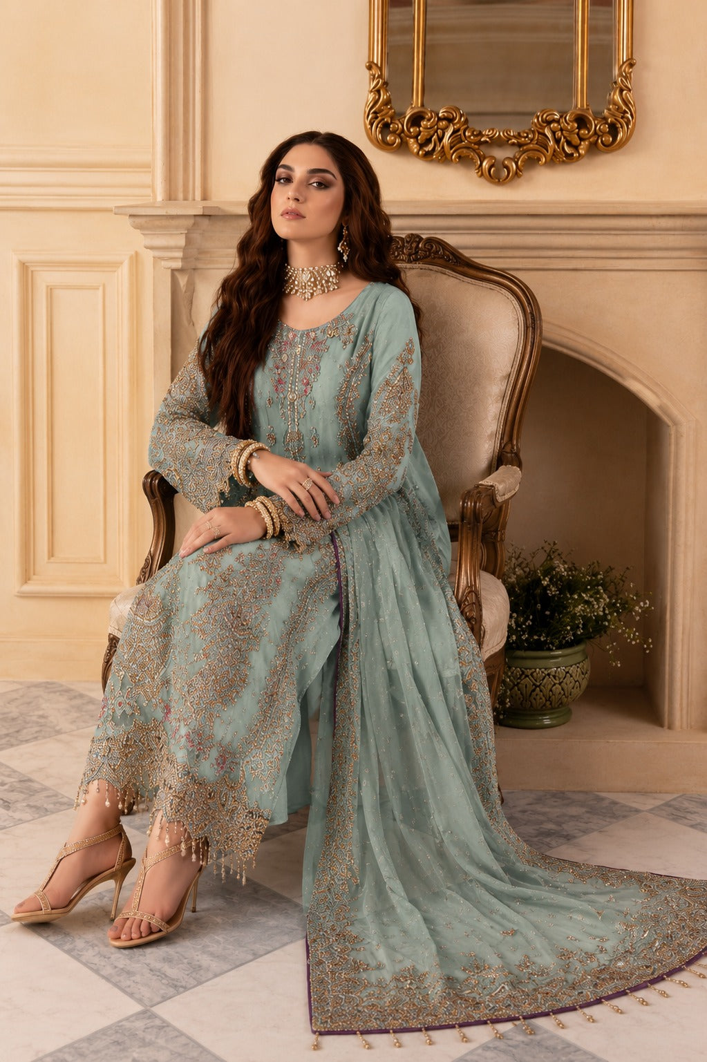 charizma unstitched dress sale with price winter Embroidered Luxury Chiffon 3Pc Suit – Zainabjees SM-D21087A-Black Missyempire satin trim bandeau Style:EE00736BD
