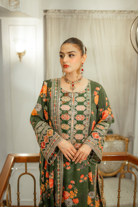 Aneelas Silk Dress Embroidered Unstitched 3 Piece Green Lux-15
