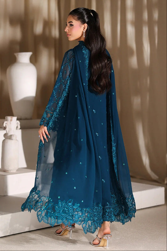 Azure Luxury Chiffon Embroidered 3Pc Unstitched Suit - Majestic Teal