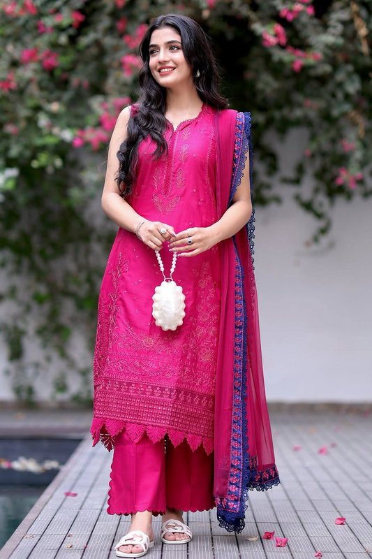 Republic Womenswear Luxury Lawn Embroidered Unstitched Suit Shocking Pink