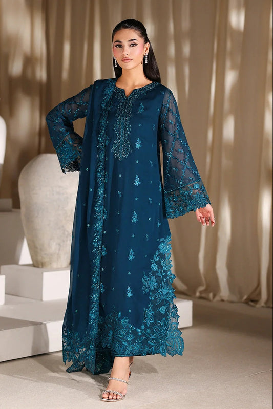 Azure Luxury Chiffon Embroidered 3Pc Unstitched Suit - Majestic Teal