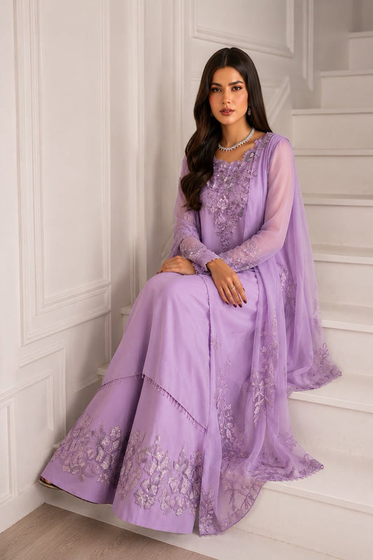 Iznik Luxury Chiffon Embroidered Unstitched 3PC Suit-Lilac