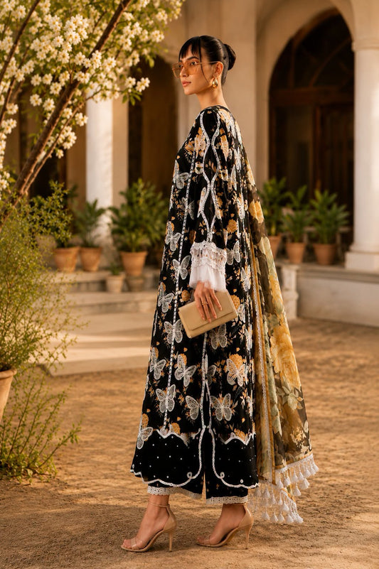 Maria B Luxury Embroidered Lawn 3Pc Unstitched Suit-Butter Fly Black
