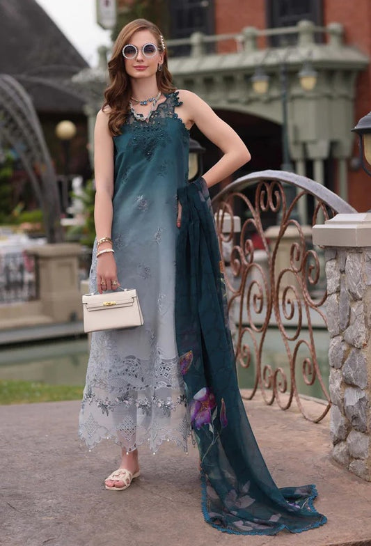 Saadia asad - Lawn Embroidered Unstitched 3 Piece - D10- Teal Ombre