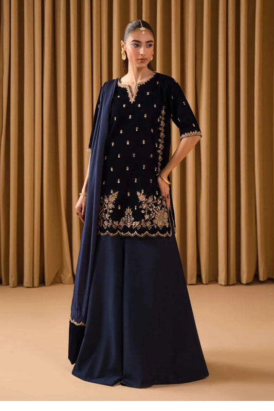 Kaida - Azure - Luxury Velvet Embroidered 3 Piece Unstitched