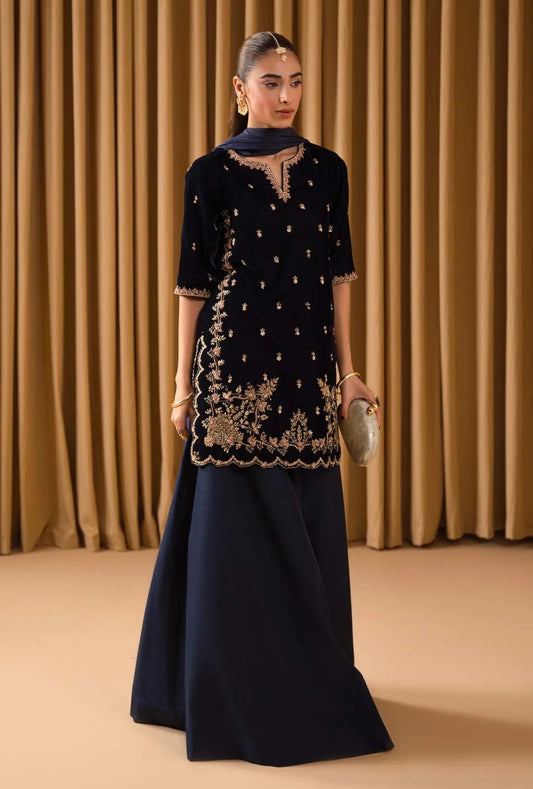 Kaida - Azure - Luxury Velvet Embroidered 3 Piece Unstitched