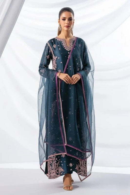 Eshal Aman Luxury Raw Silk 3 Piece Unstitched - Navy Blue