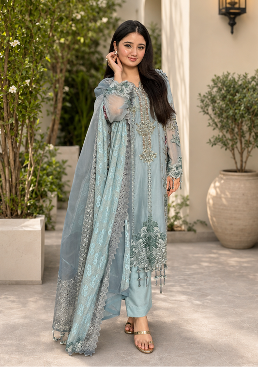 Maria B Luxury Embroidered Chiffon 3Pc Stitched Suit MPC-26-106-Slate Blue