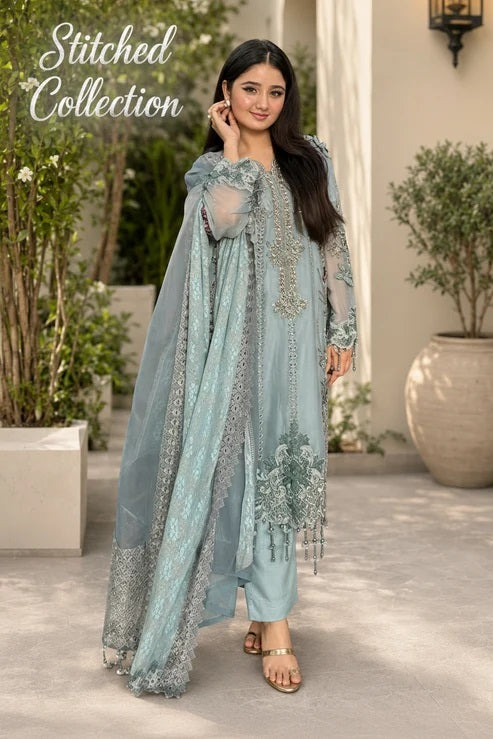 Maria B Luxury Embroidered Chiffon 3Pc Stitched Suit MPC-26-106-Slate Blue