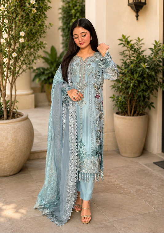 Maria B Luxury Embroidered Chiffon 3Pc Stitched Suit MPC-26-106-Slate Blue
