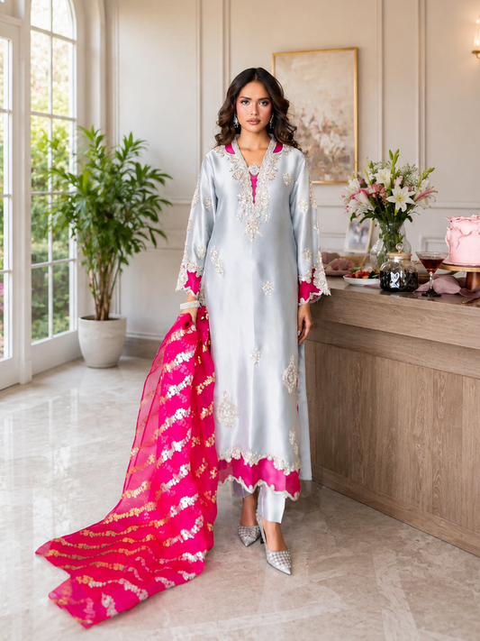 Poshkari Luxury Sheesha Silk Embroidered 3Pc Unstitched Suit ZAINA