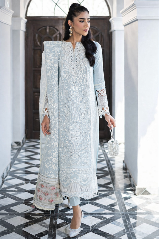 Qalamkar Luxury Lawn Embroidered 3 Pc Unstitched Suit Sky Blue