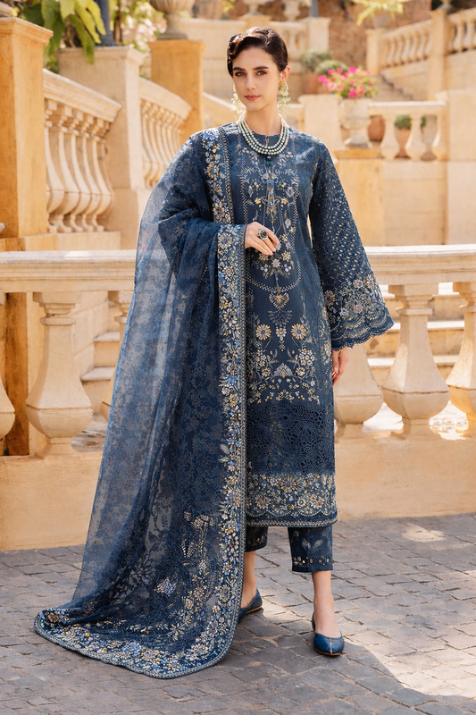 Baroque Embroidered Luxury Lawn 3 Pc Unstitched Suit BQU - D10 BLUE