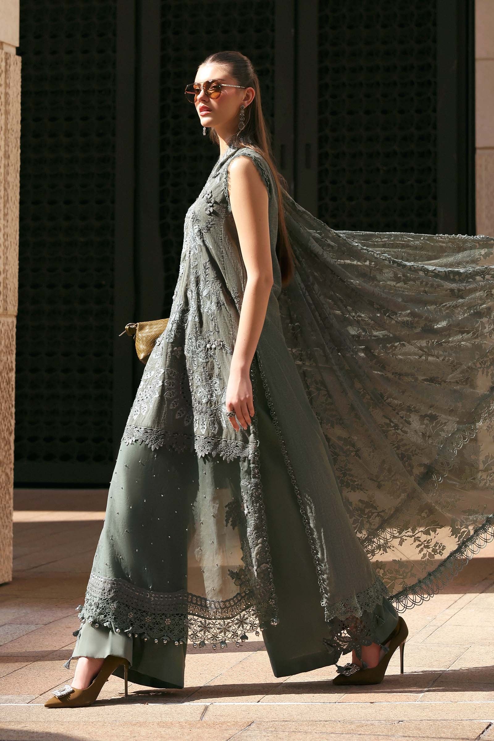 slim fit dress slacks Maria B Sea Green Net Maxi Bridal Collection Replica – Nirshan main image 1
