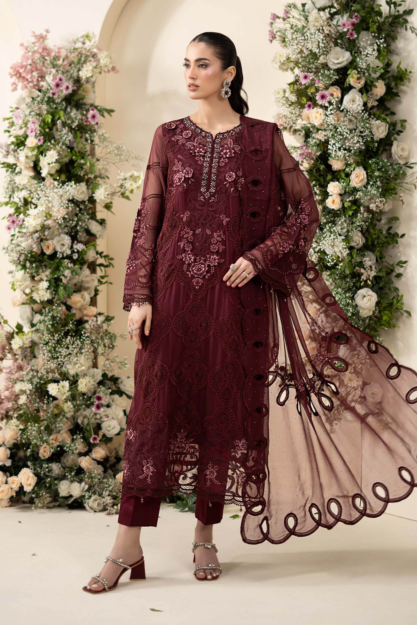 white christmas dresses ANTIQUE WHITE-4 PIECE EMBROIDERED CHIFFON SUIT main image 0