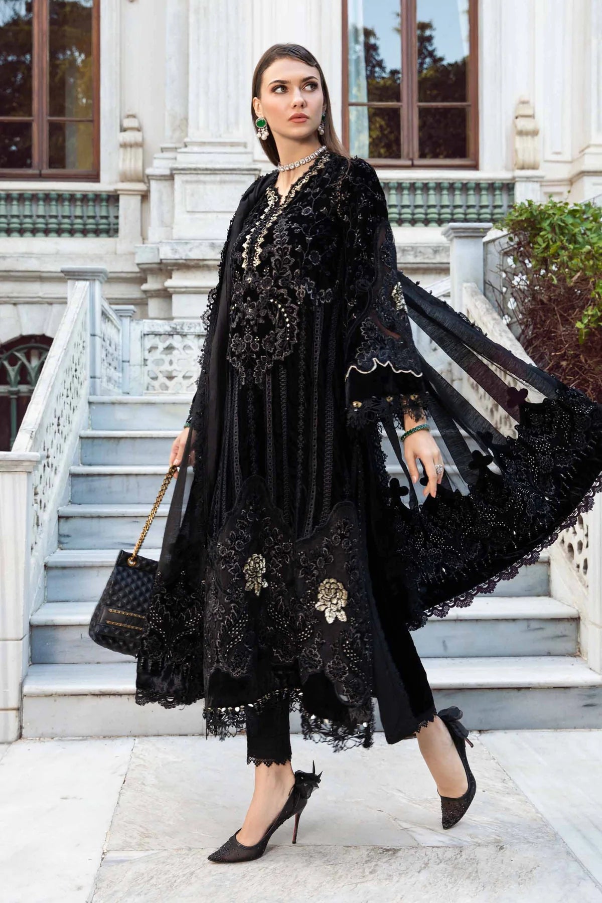 Maria.B Embroidered Velvet Suits Unstitched 3 Piece MB D-11 - Luxury Winter Collection