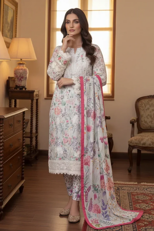 Aneelas Luxury Lawn Printed & Embroidered 3 Pc Unstitched Suit FLORA S-1