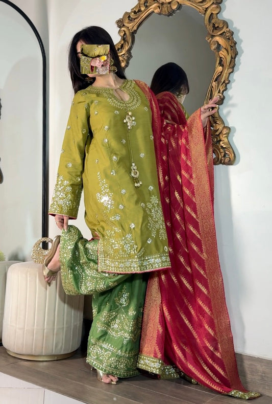 Poshkari Luxury Embroidered Raw Silk 3Pc Stitched Suit PA-123
