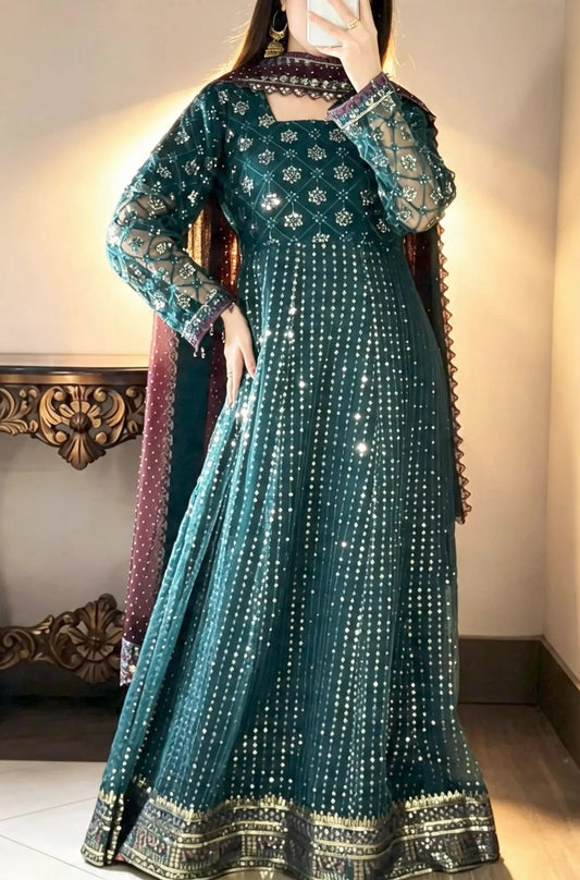 Iznik Meraki Luxury Embroidered Dark Green Luxury Stitched Net Maxi D-07