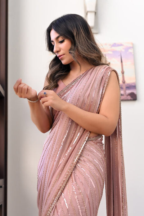 Sitara Dusty Rose Luxury Chiffon Embroidered 3Pc Unstitched Sari PA-229
