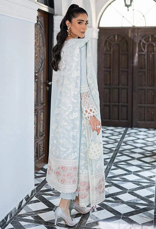 Qalamkar Luxury Lawn Embroidered 3 Pc Unstitched Suit Sky Blue