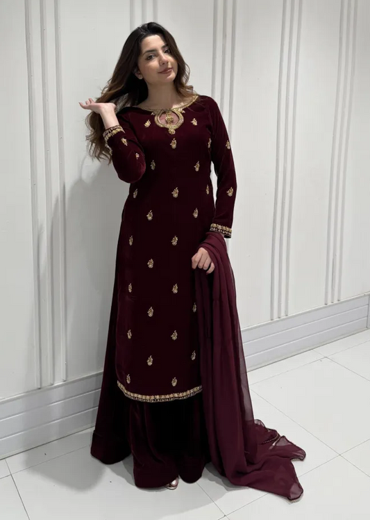Poshkari Solid Maroon Embroidered Velvet Unstitched 3 Pc Suit ROYAL AURA