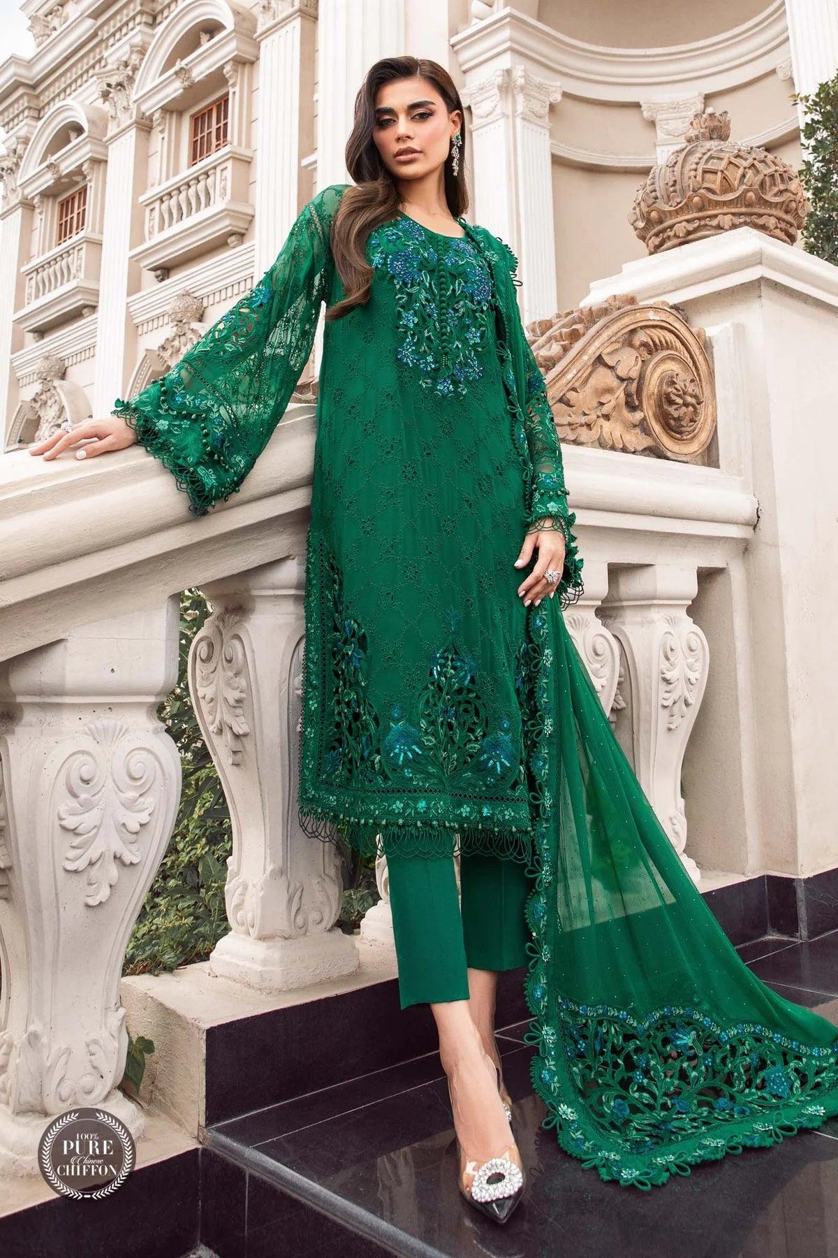 Maria.B Unstitched Chiffon Embroidered Suit Unstitched MPC 23 108 Emerald Green D8 Zainabjees
