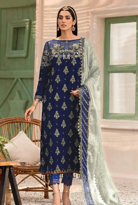 Emaan Adeel Makhmal Unstitched Luxury Velvet 3Pc Suit MK-305 Royal Blue