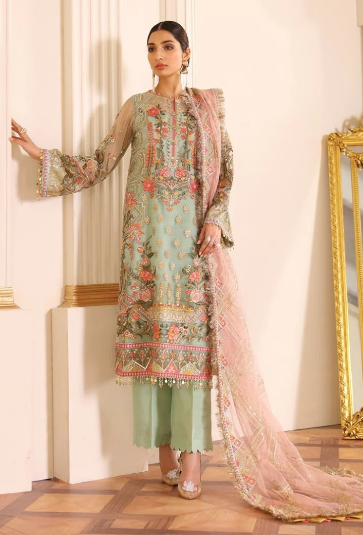 Baroque Chantelle Embroidered Net Collection 3 Piece Unstitched Suit D-01 Capri Sea