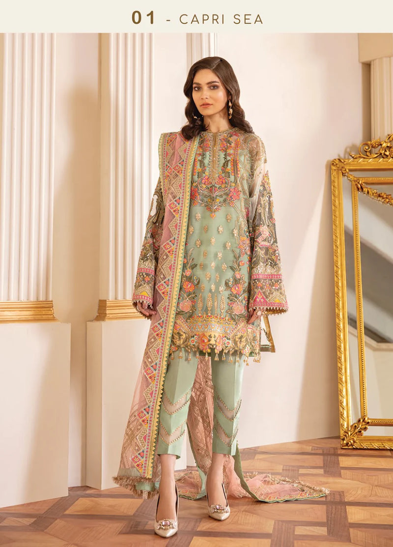 Baroque Chantelle Embroidered Net Collection 3 Piece Unstitched Suit D-01 Capri Sea