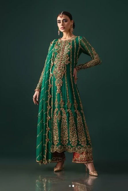 Nomi Ansari Luxury Pure Chiffon Embroidered Unstitched 3 Piece - Emerald Hues