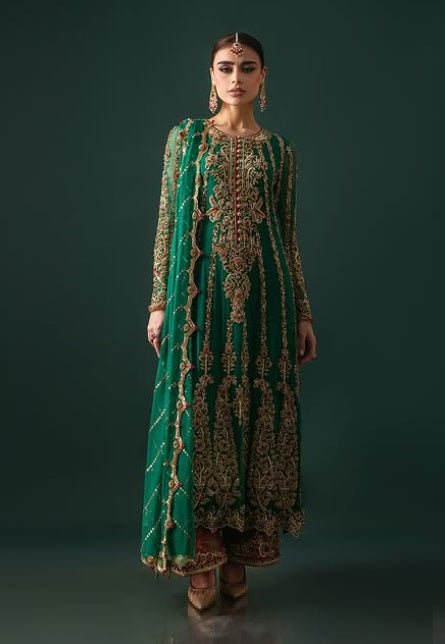 Nomi Ansari Luxury Pure Chiffon Embroidered Unstitched 3 Piece - Emerald Hues