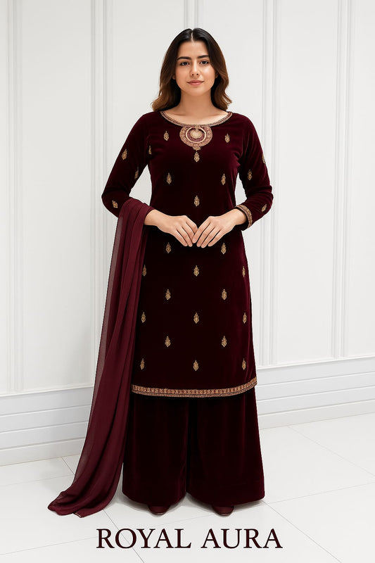 Poshkari Solid Maroon Embroidered Velvet Unstitched 3 Pc Suit ROYAL AURA