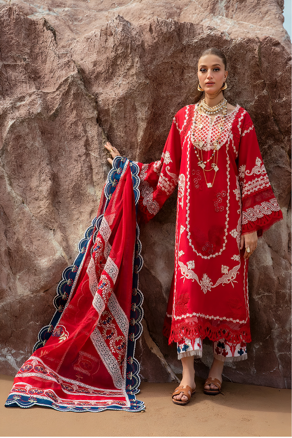 Saira Shakira Unstitched Embroidered Lawn 3Pc Suit D-05A Stars of Fire - Flame red
