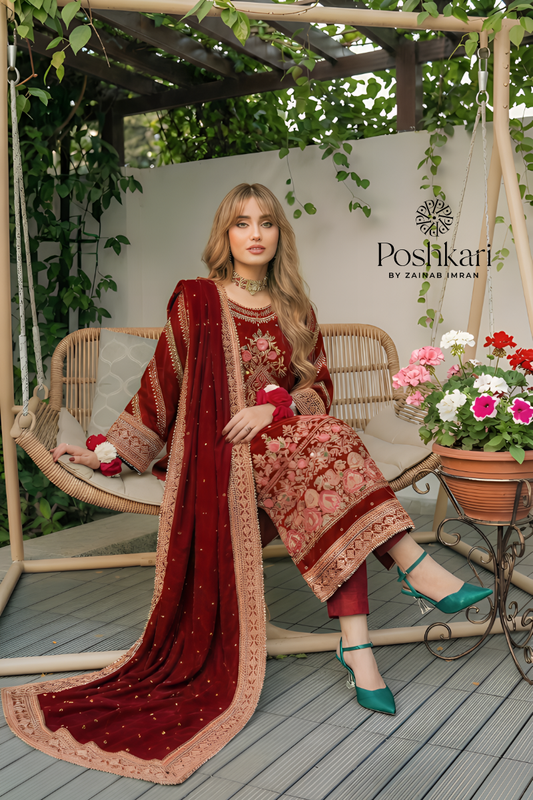 Poshkari Velvet Collection Unstitched With Velvet Shawl Duppatta