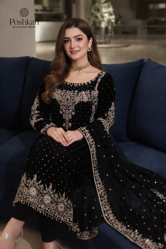 Poshkari Luxury Velvet Embroidered Unstitched Collection Black