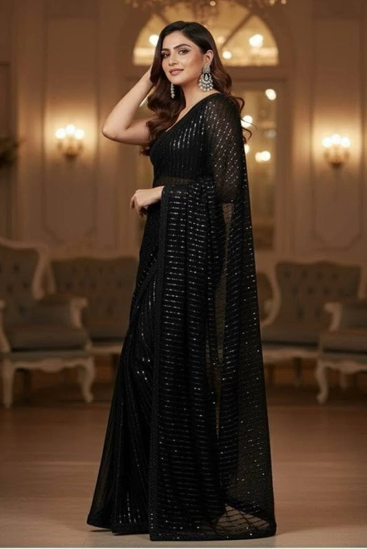 Pehnawa Luxury Chiffon Embroidered Saree 3 Piece Unstitched - Siyah