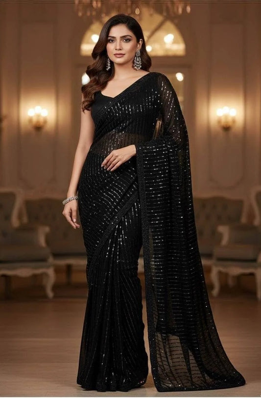 Pehnawa Luxury Chiffon Embroidered Saree 3 Piece Unstitched - Siyah