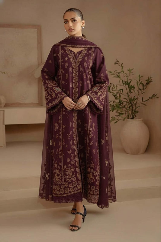 Afrozeh - Luxury Lawn Embroidered Unstitched 3 Piece - Maroon