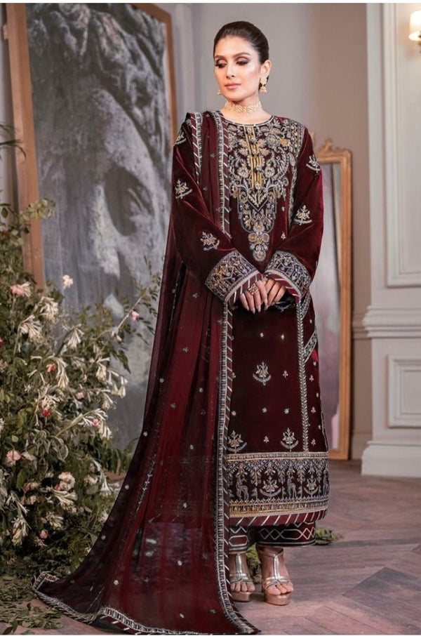 Asim Jofa The Ayeza Edit 3 Pieces Unstitched Makhmal Royal Velvet Collection Maroon