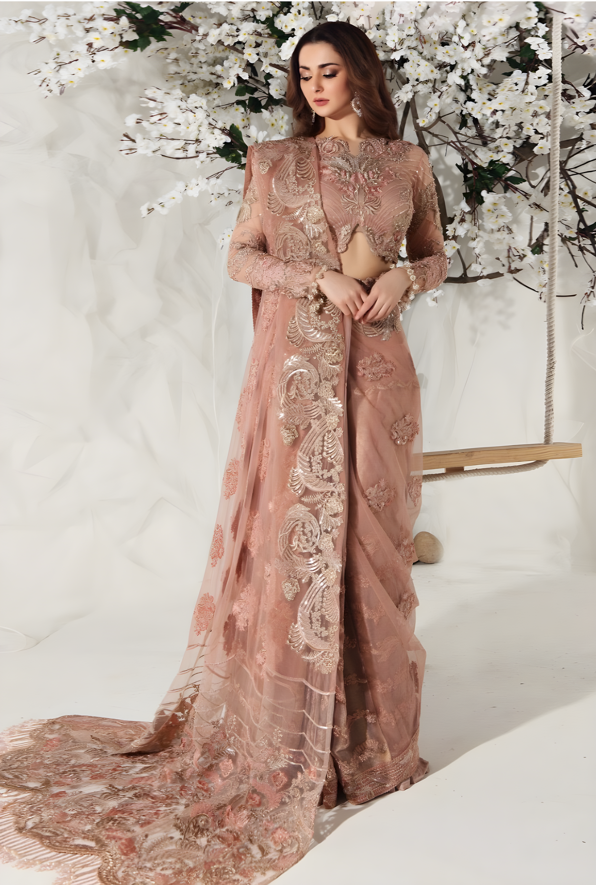 Shiza Hassan Embroidered Zari Net Unstitched Saree SH19F VINTAGE BLOOM - Luxury Collection