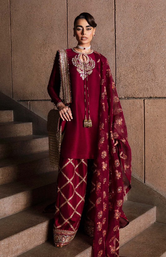 Hussain Rehar Wedding Festive Organza HAnd Emblishment Collection Merlot