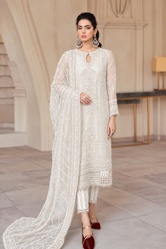 Mushq White Luxury Net Embroidered 3Pc Unstitched Suit PA-274