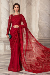 Maria.B Couture Velntine Red Wedding Festive Saree Unstitched Net MC-051