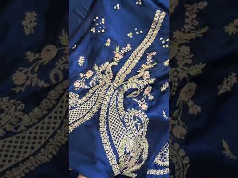 Ethnc ROYAL BLUE Luxury Silk Embroidered 2Pc Unstitched Kaftan Suit PA-212