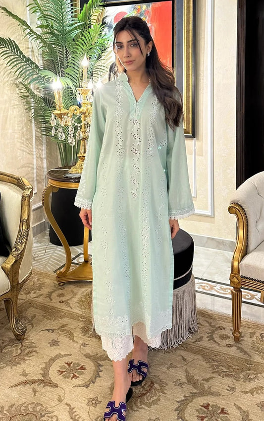 Naarj Elegant Lawn Embroidered Unstitched 3 Piece White Lily - Sage Green Schiffli Kurta