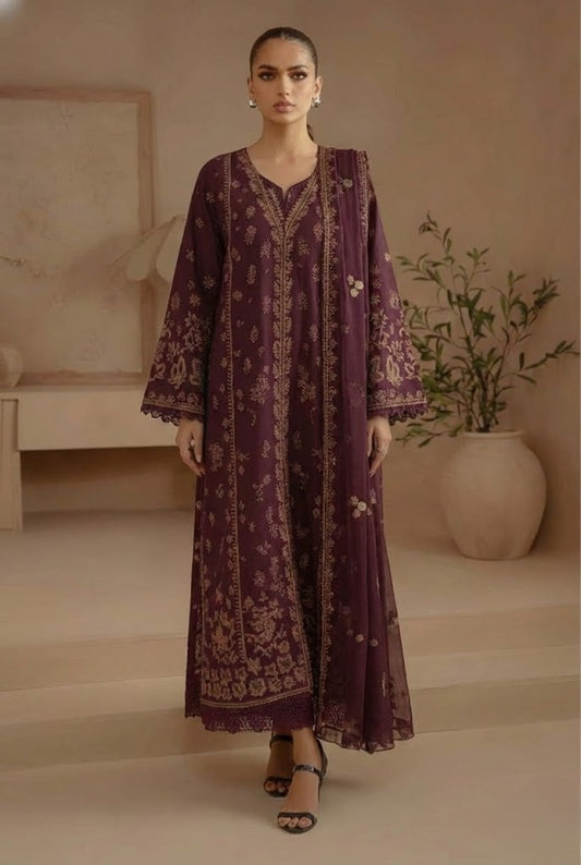 Afrozeh - Luxury Lawn Embroidered Unstitched 3 Piece - Maroon