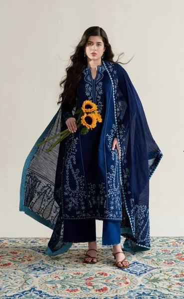 Pakeeza-Dark Blue Luxury Embroidered Lawn Unstitched 3Pc Suit