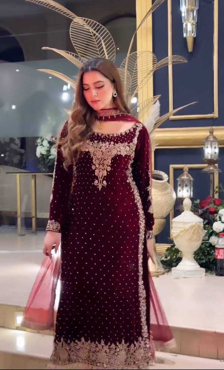 Poshkari Luxury Velvet Embroidered Unstitched Collection Maroon Majest   Zainabjees